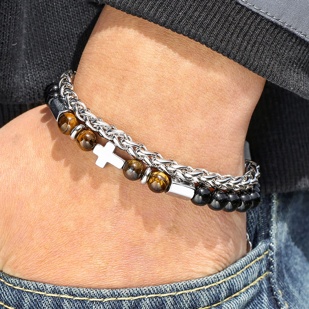 Pulsera de Ojo de Tigre y Ónix Negro: Identidad de Fe y Devoción Eterna