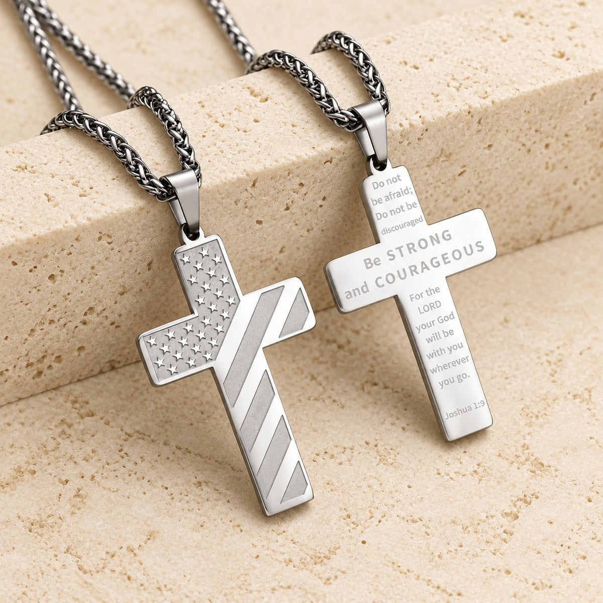 Tri-Color Cross Necklace with American Flag & Scripture