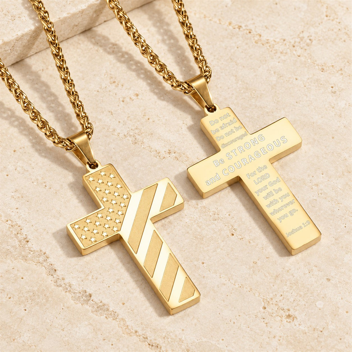 Tri-Color Cross Necklace with American Flag & Scripture