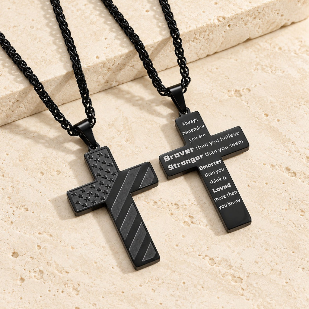 Tri-Color Cross Necklace with American Flag & Scripture