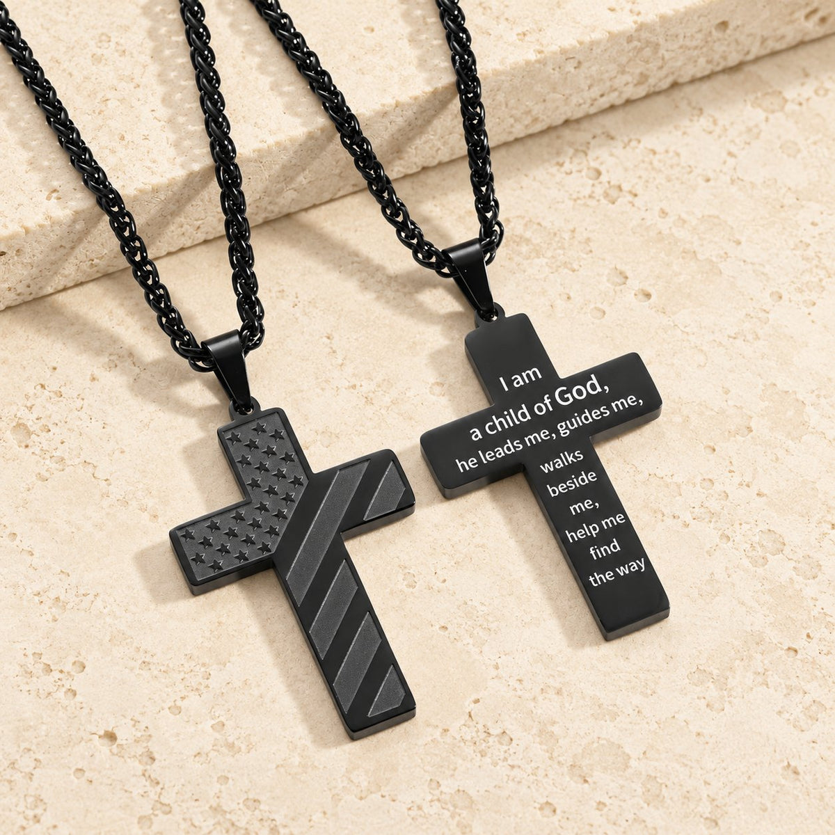 Tri-Color Cross Necklace with American Flag & Scripture