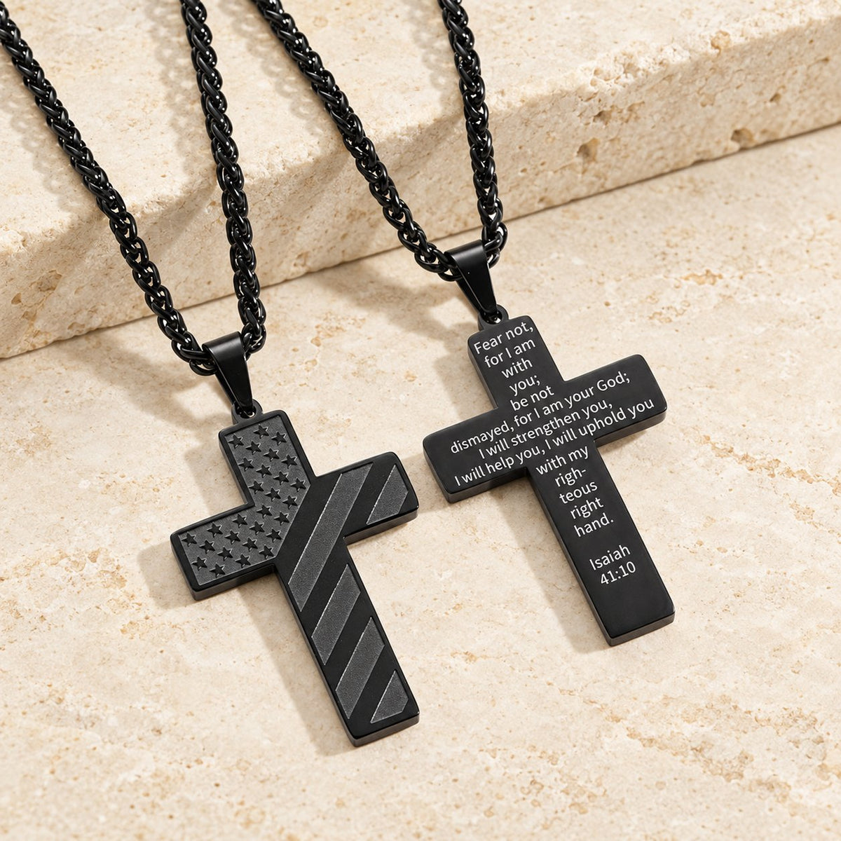 Tri-Color Cross Necklace with American Flag & Scripture