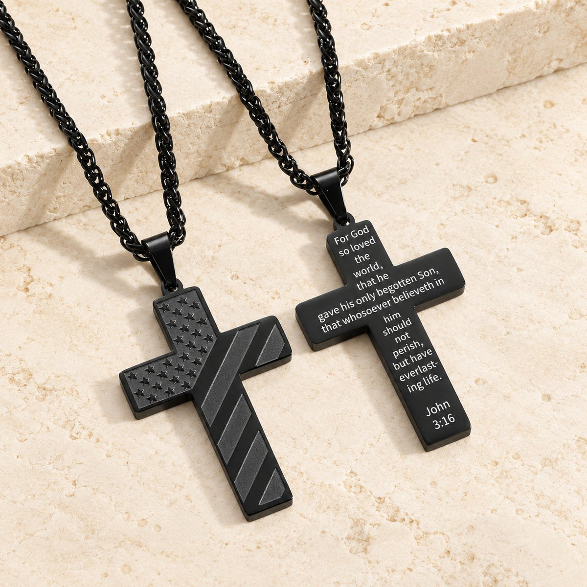 Tri-Color Cross Necklace with American Flag & Scripture