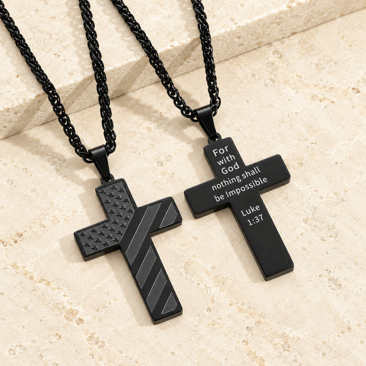 Tri-Color Cross Necklace with American Flag & Scripture