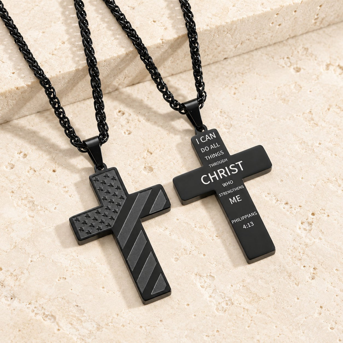 Tri-Color Cross Necklace with American Flag & Scripture