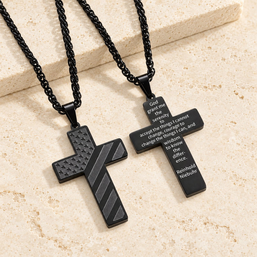 Tri-Color Cross Necklace with American Flag & Scripture