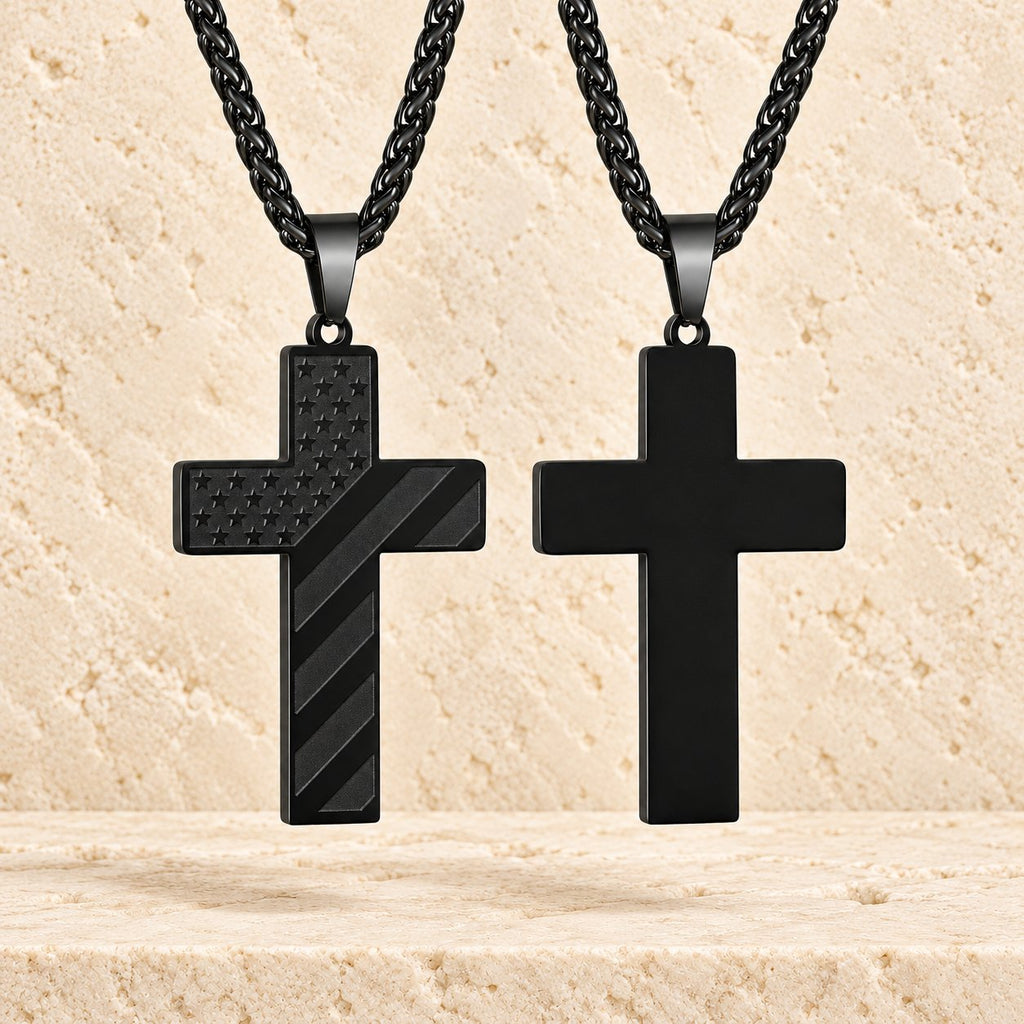 Tri-Color Cross Necklace with American Flag & Scripture