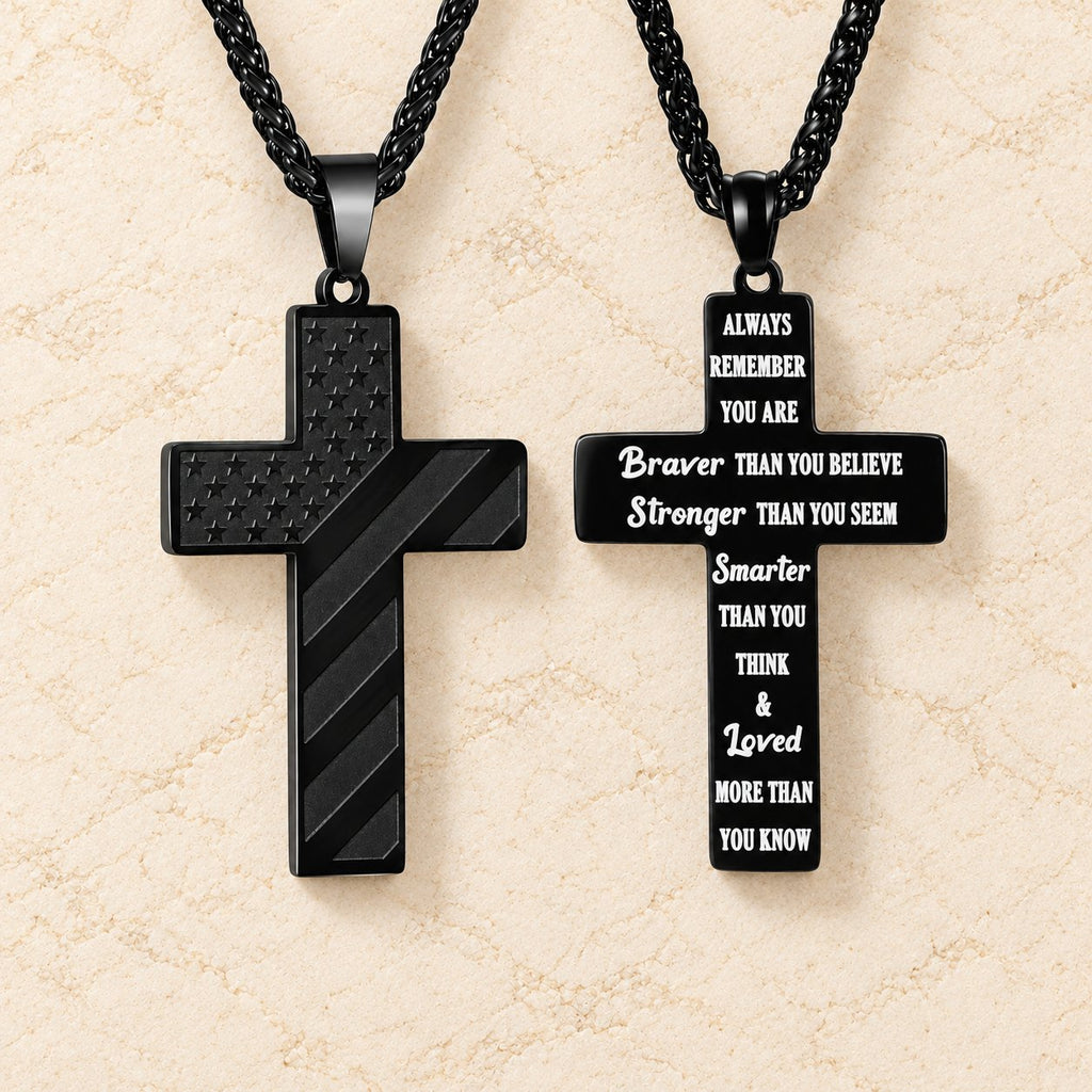 Tri-Color Cross Necklace with American Flag & Scripture