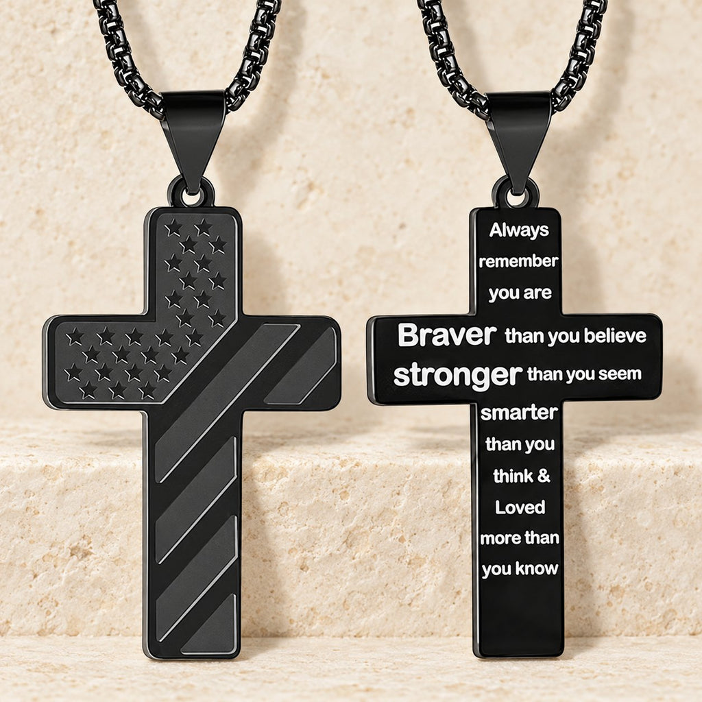 Tri-Color Cross Necklace with American Flag & Scripture