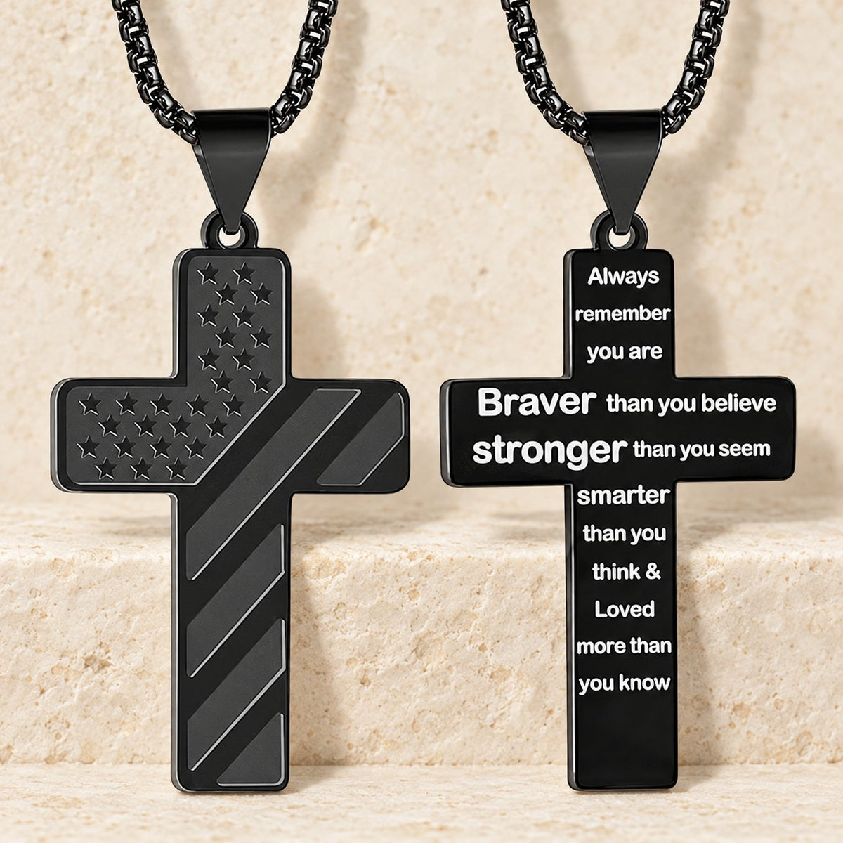 Tri-Color Cross Necklace with American Flag & Scripture