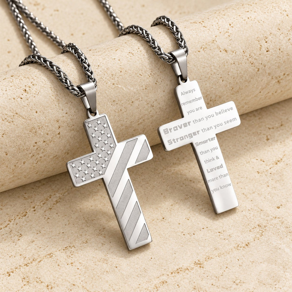 Tri-Color Cross Necklace with American Flag & Scripture