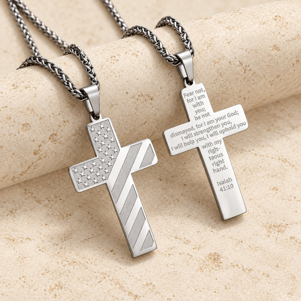 Tri-Color Cross Necklace with American Flag & Scripture