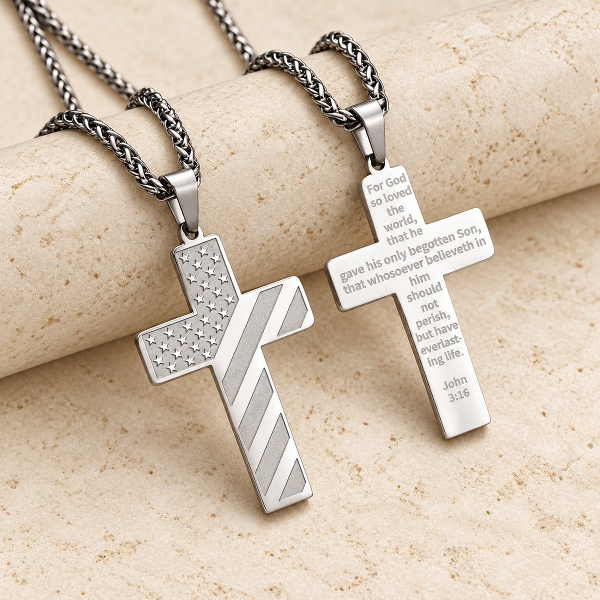Tri-Color Cross Necklace with American Flag & Scripture