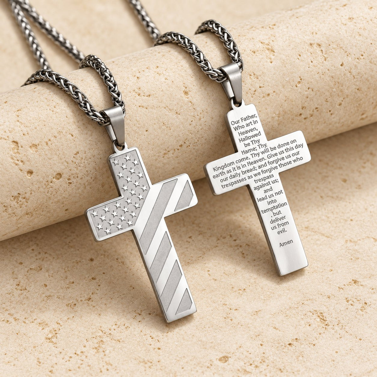 Tri-Color Cross Necklace with American Flag & Scripture