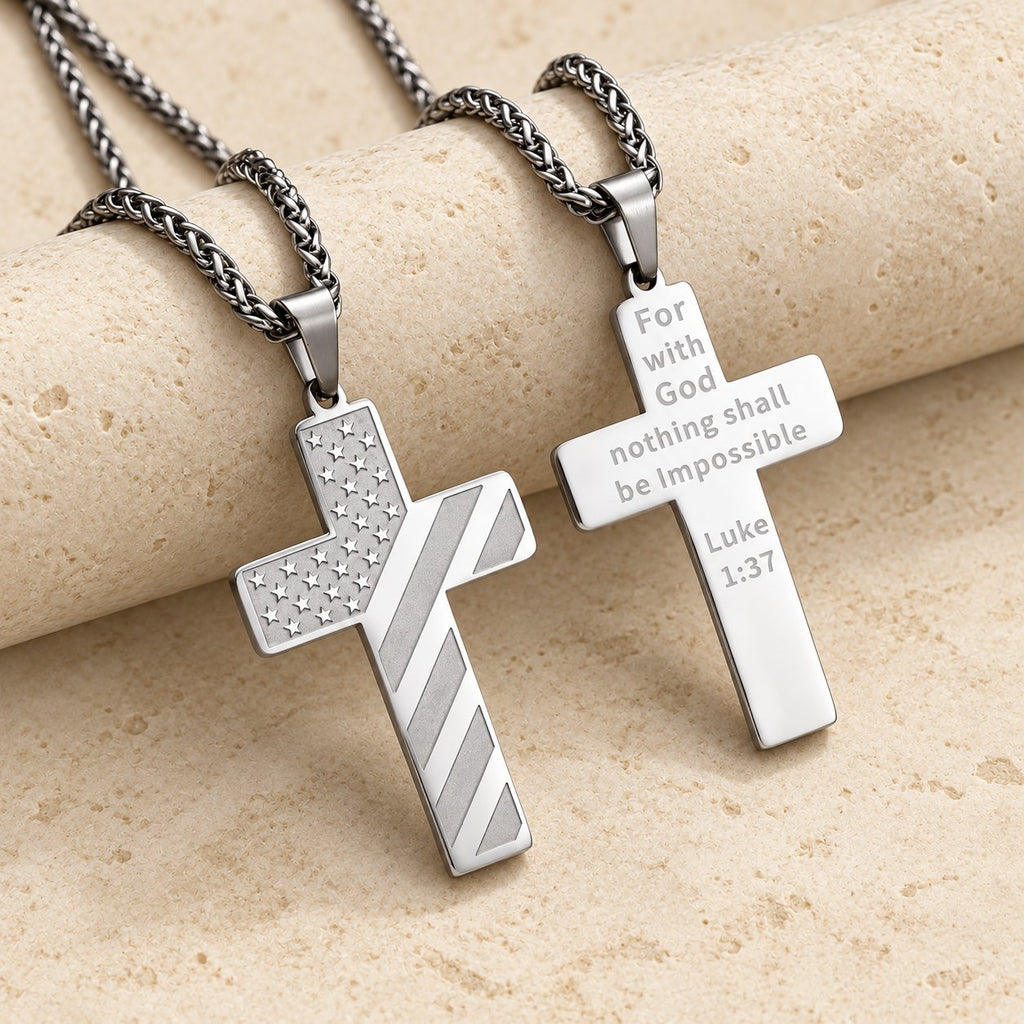 Tri-Color Cross Necklace with American Flag & Scripture