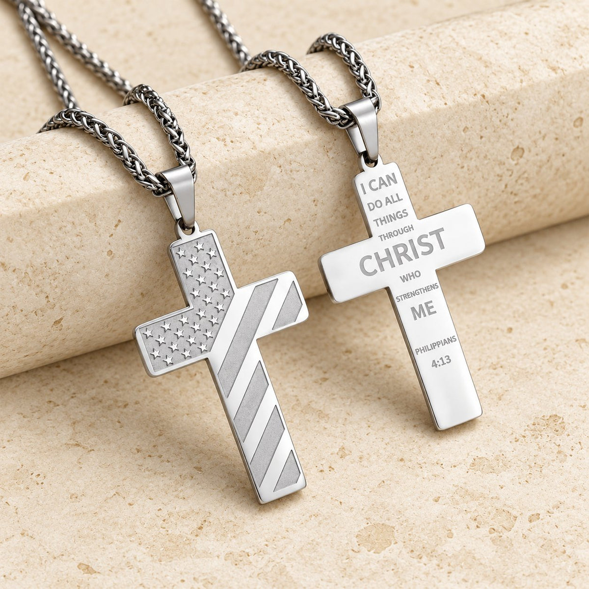 Tri-Color Cross Necklace with American Flag & Scripture