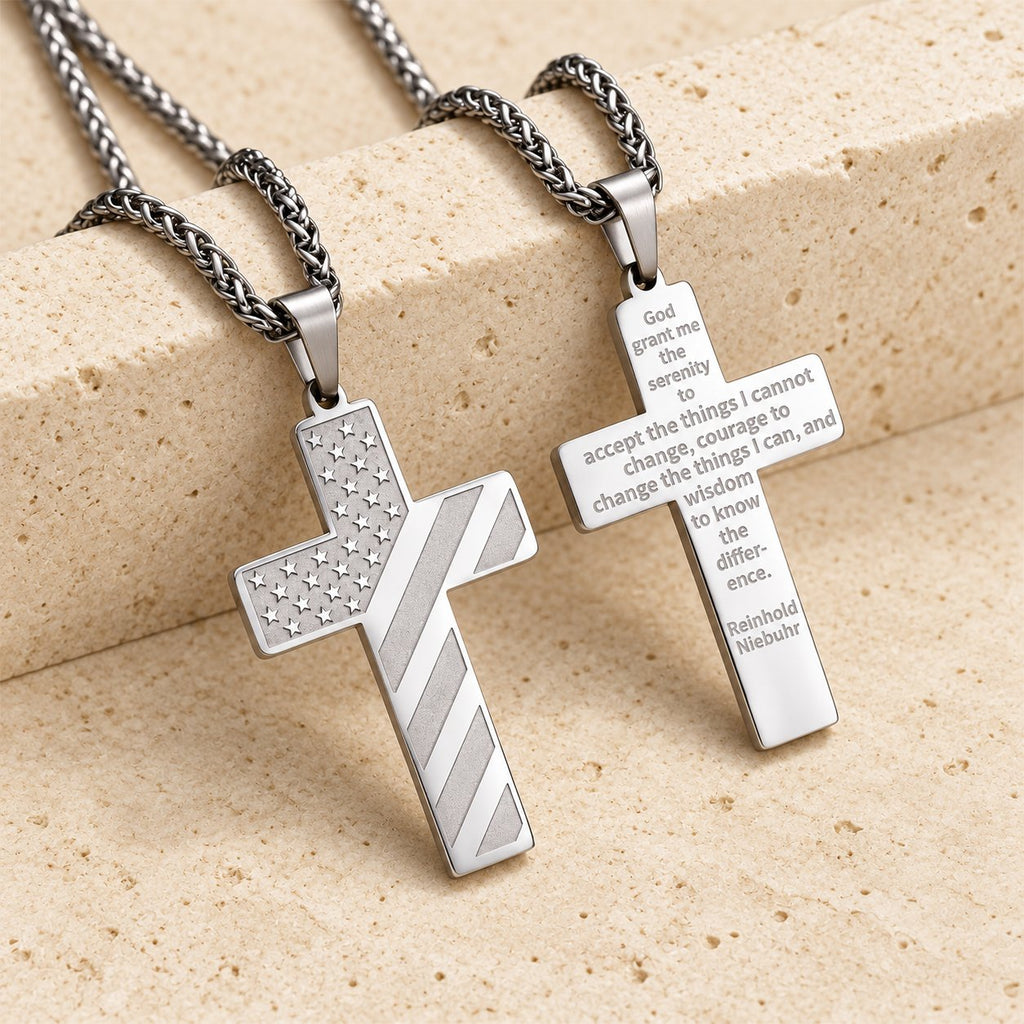 Tri-Color Cross Necklace with American Flag & Scripture