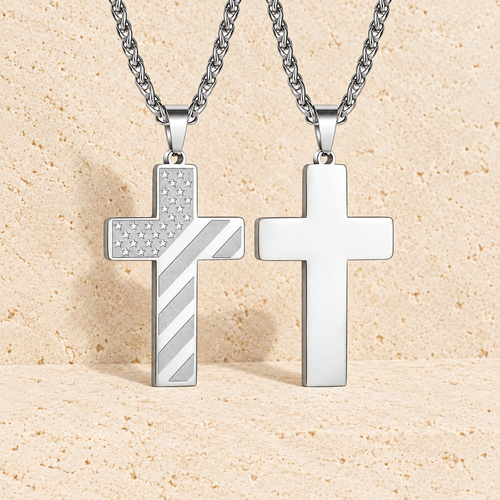 Tri-Color Cross Necklace with American Flag & Scripture