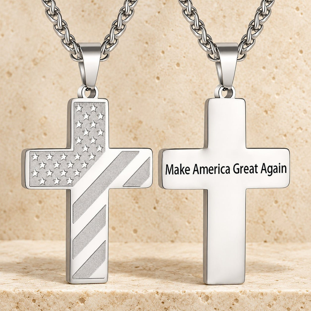 Tri-Color Cross Necklace with American Flag & Scripture