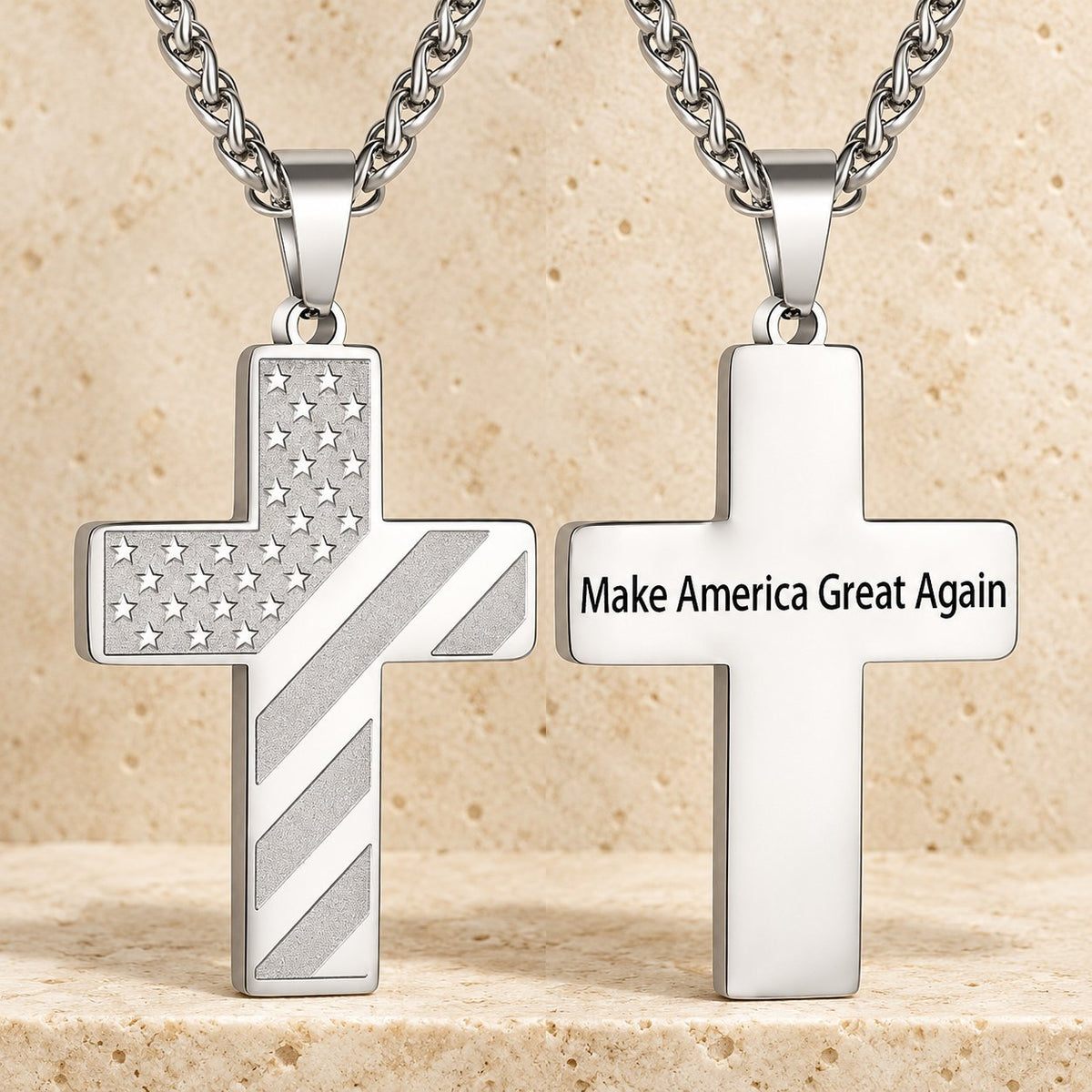 Tri-Color Cross Necklace with American Flag & Scripture