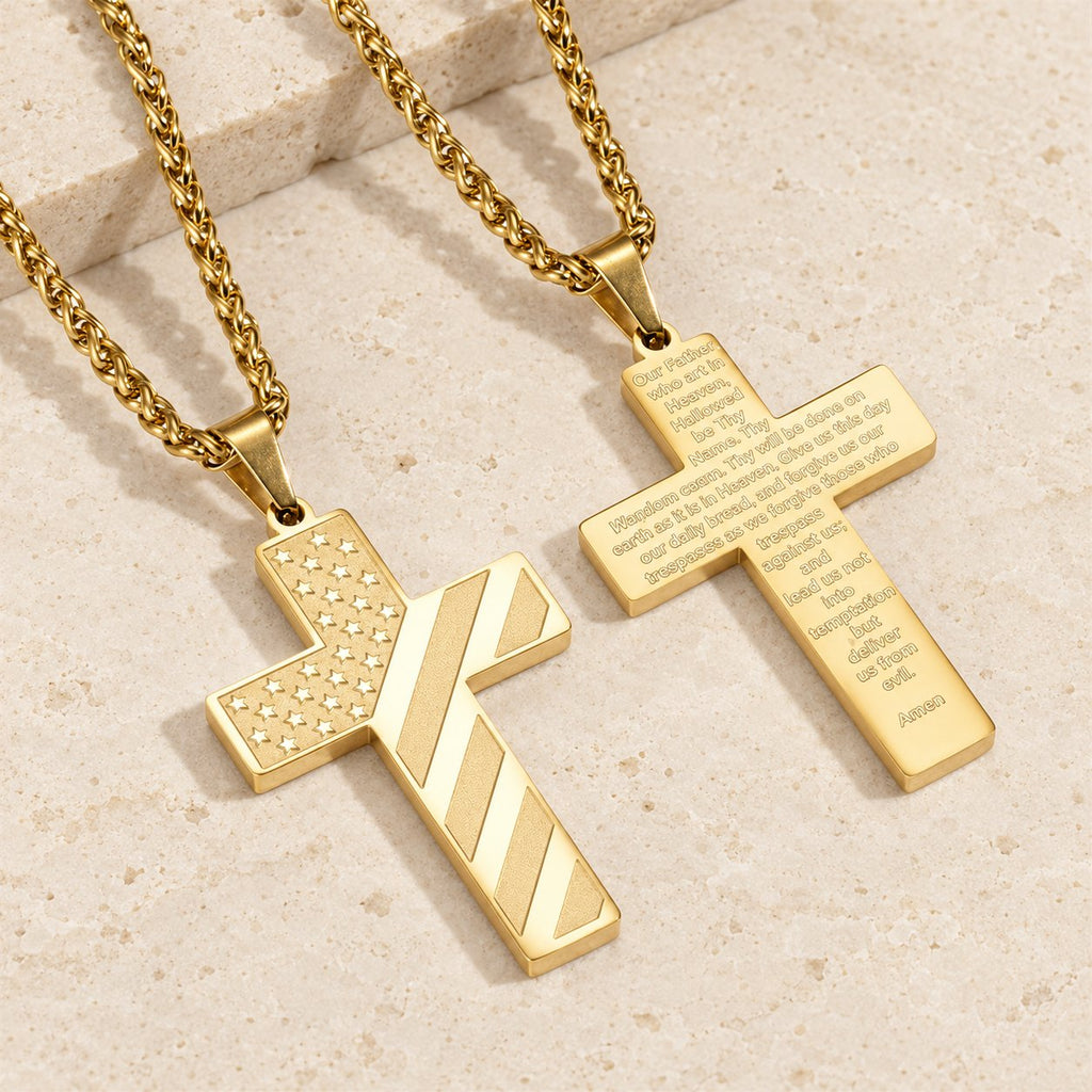 Tri-Color Cross Necklace with American Flag & Scripture