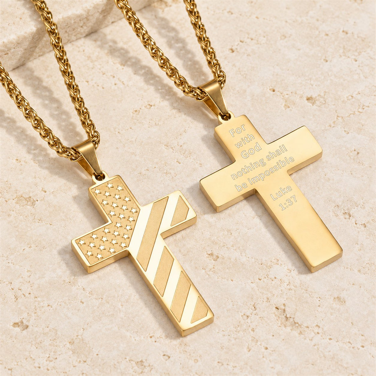 Tri-Color Cross Necklace with American Flag & Scripture