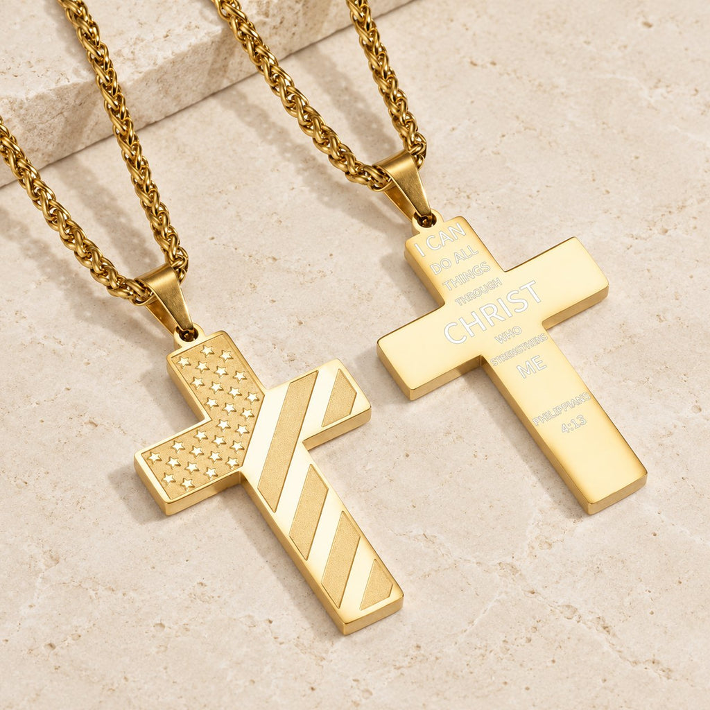 Tri-Color Cross Necklace with American Flag & Scripture