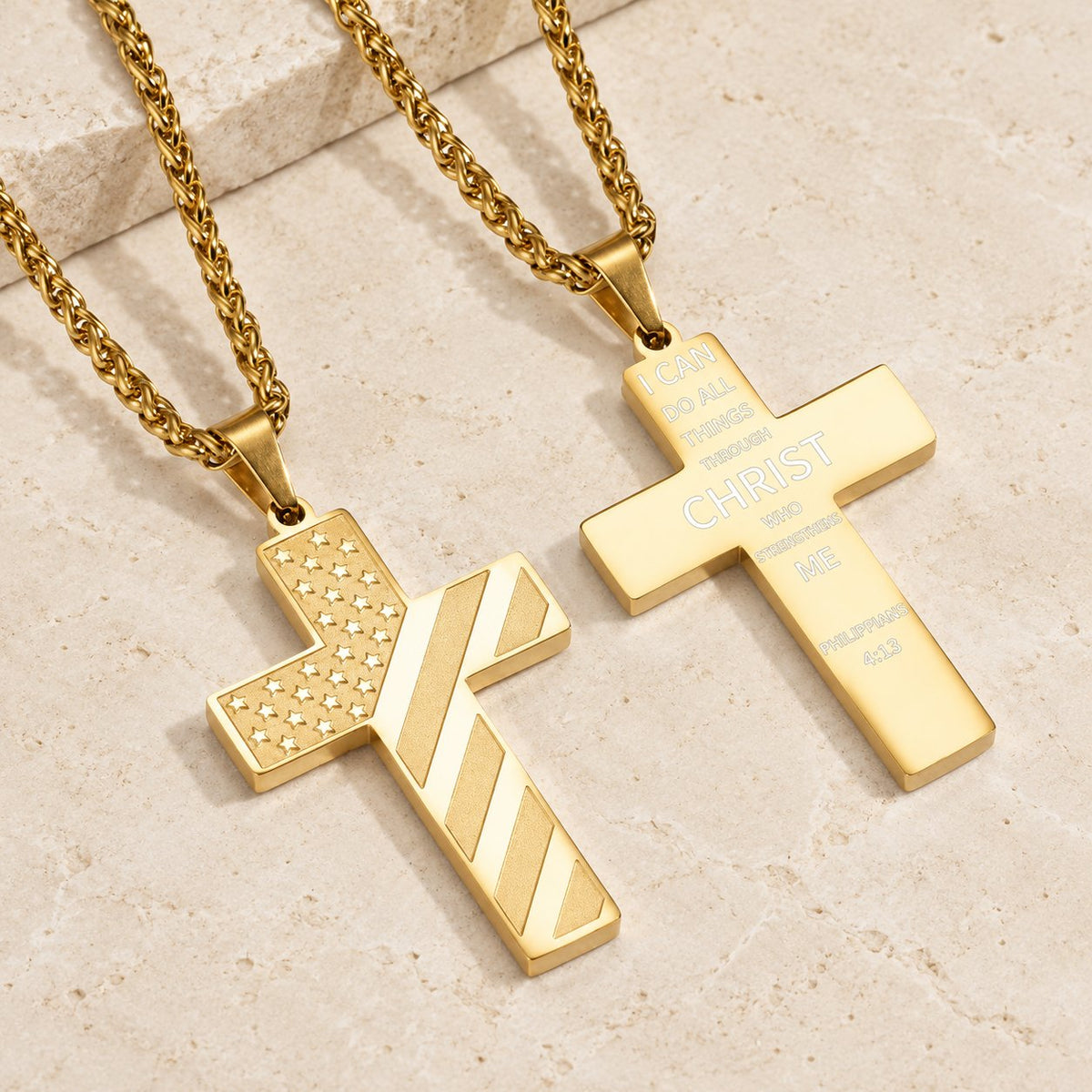 Tri-Color Cross Necklace with American Flag & Scripture
