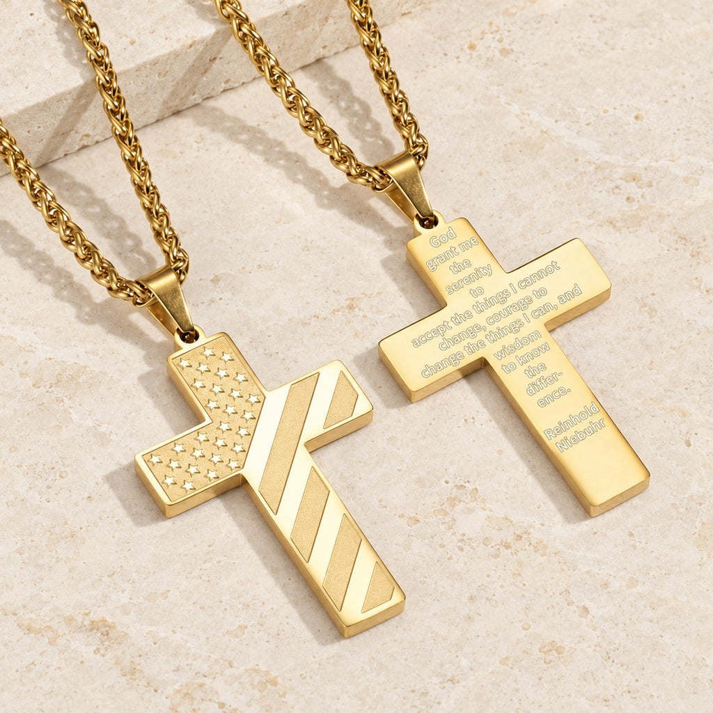 Tri-Color Cross Necklace with American Flag & Scripture
