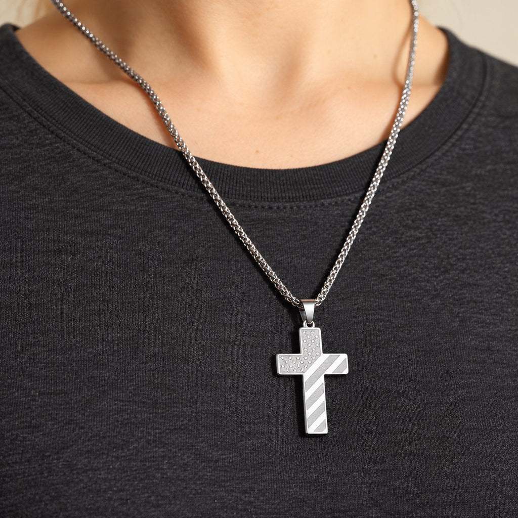 Tri-Color Cross Necklace with American Flag & Scripture