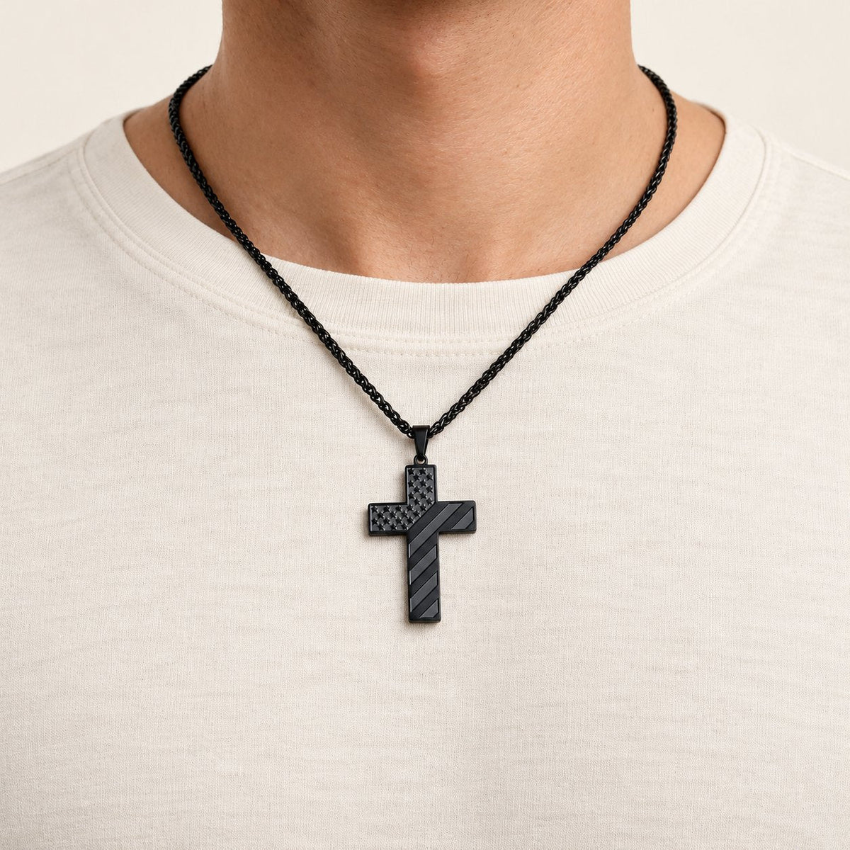 Tri-Color Cross Necklace with American Flag & Scripture
