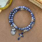 Pulsera Rosario de Alambre con Memoria de Piedra Azul con la Sagrada Familia
