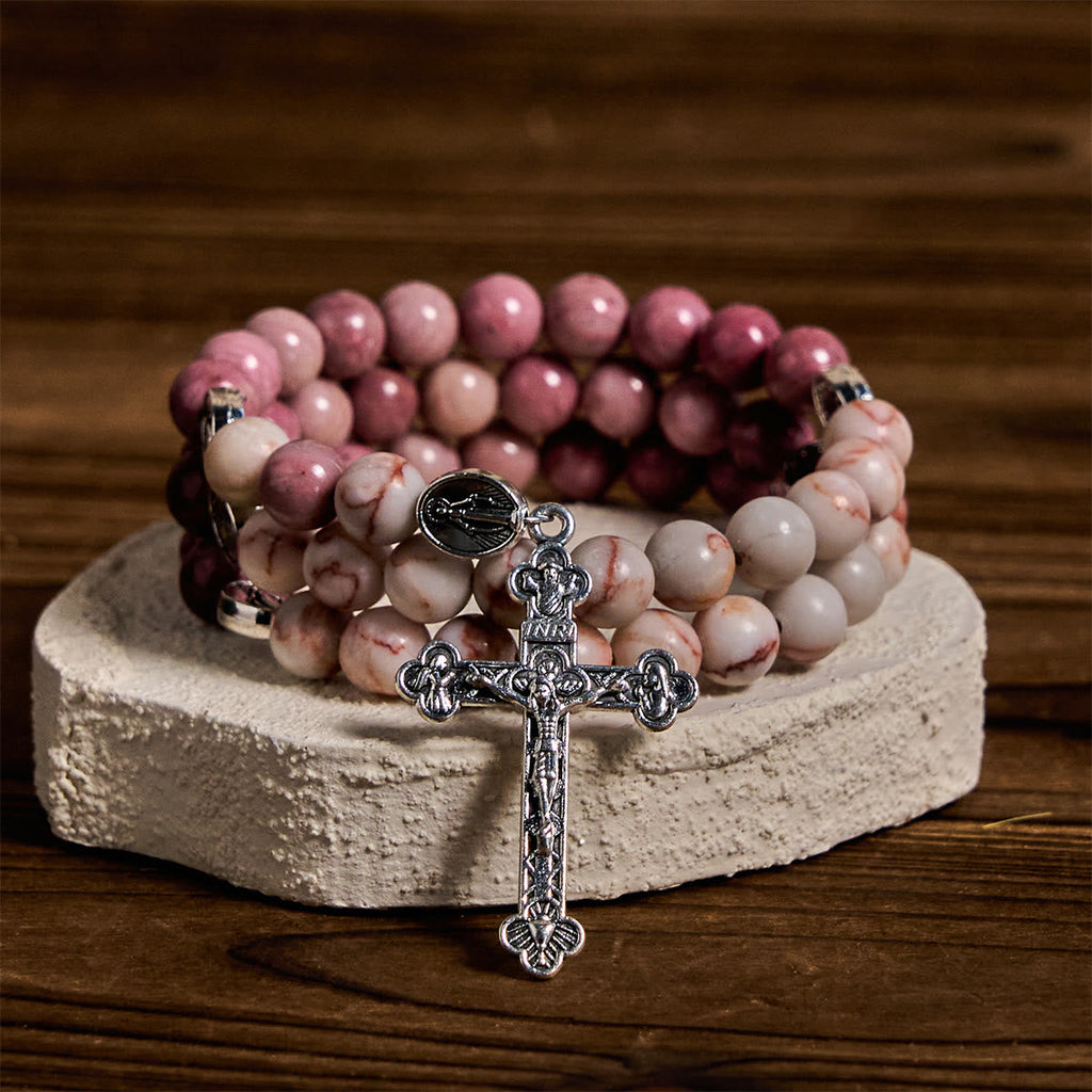 Pulsera Rosario de Alambre con Memoria de Veta de Palisandro y Piedra Mate con Medallas Marianas