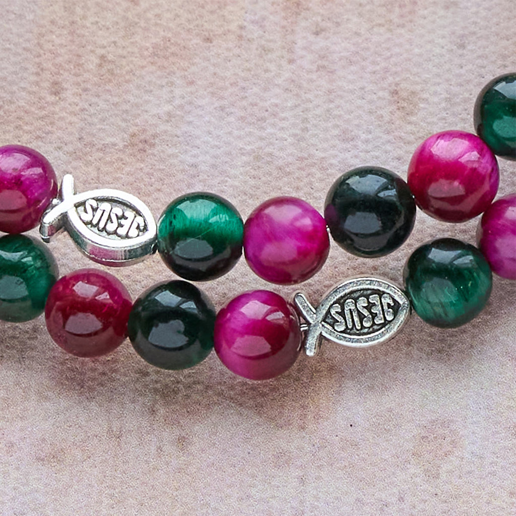 Pulsera Rosario de Alambre con Memoria de Ojo de Tigre Bicolor con San Miguel