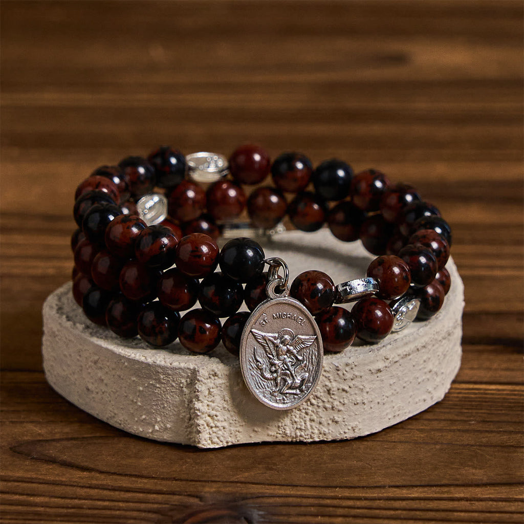 Pulsera Rosario de Alambre con Memoria de Obsidiana Caoba Natural con Jesús