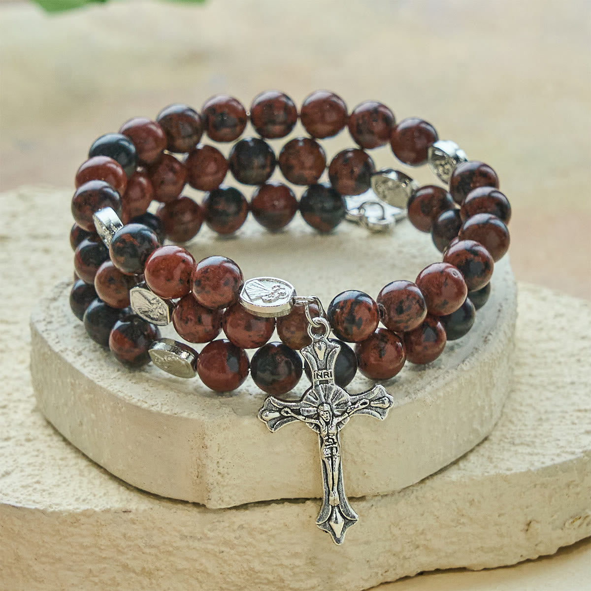 Pulsera Rosario de Alambre con Memoria de Obsidiana Caoba Natural con Jesús