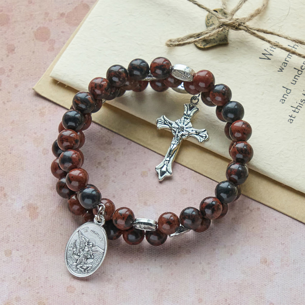 Pulsera Rosario de Alambre con Memoria de Obsidiana Caoba Natural con Jesús