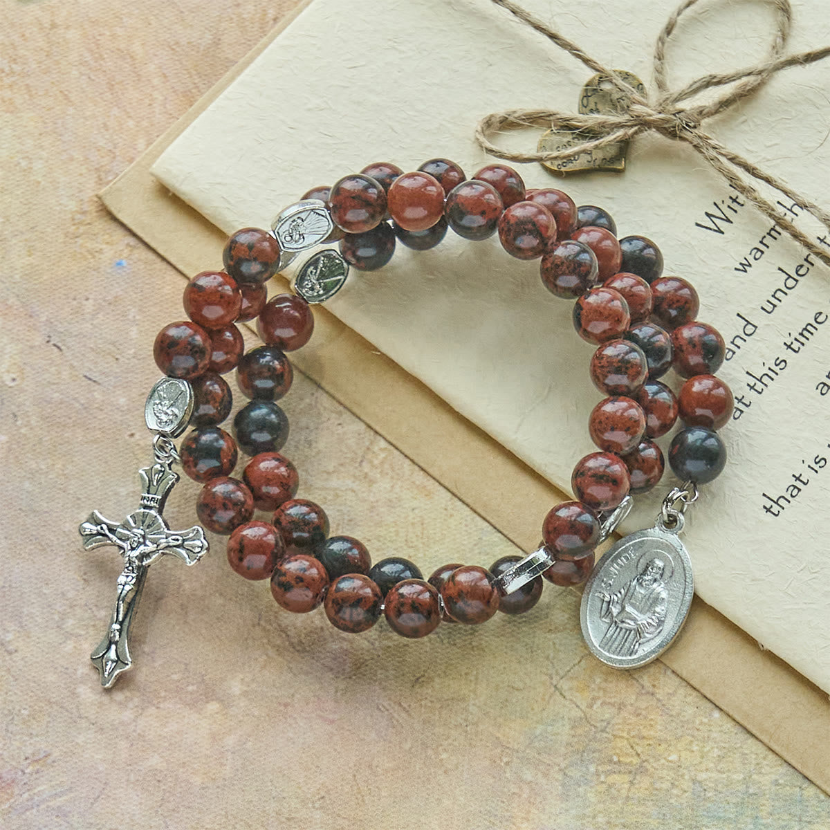 Pulsera Rosario de Alambre con Memoria de Obsidiana Caoba Natural con Jesús
