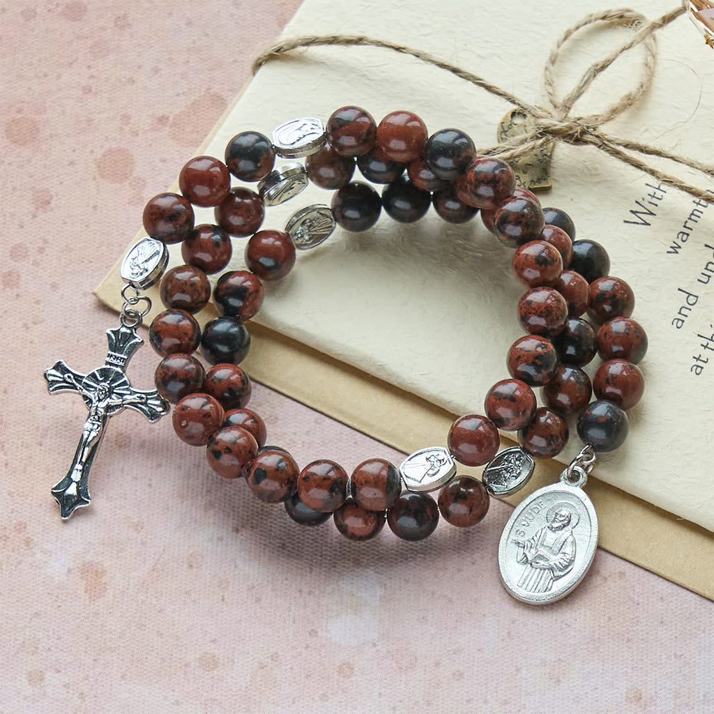 Pulsera Rosario de Alambre con Memoria de Obsidiana Caoba Natural con Jesús