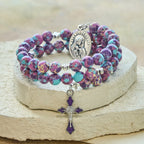 Pulsera Rosario de Alambre con Memoria de Jaspe Imperial Morado con Crucifijo Esmaltado