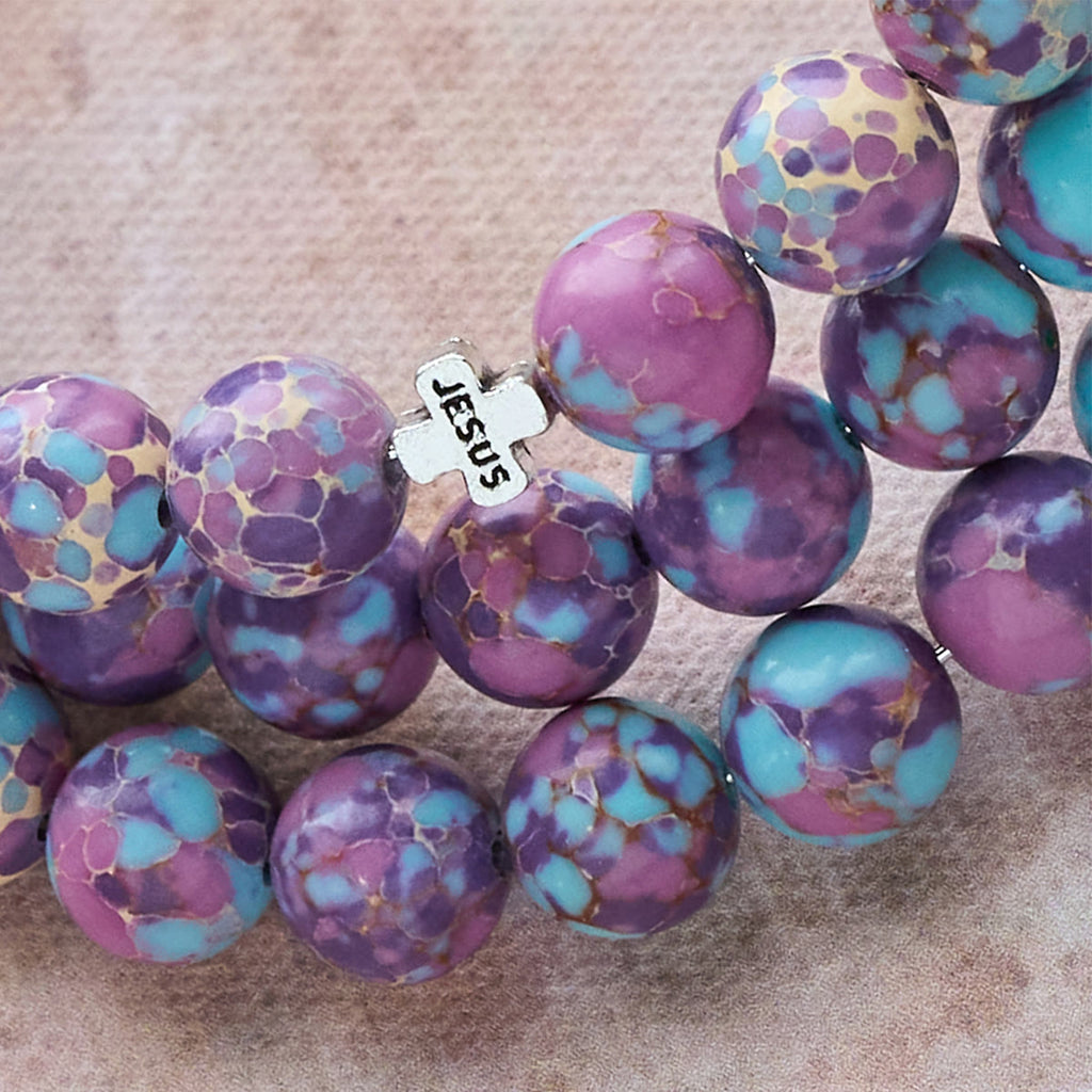 Pulsera Rosario de Alambre con Memoria de Jaspe Imperial Morado con Crucifijo Esmaltado