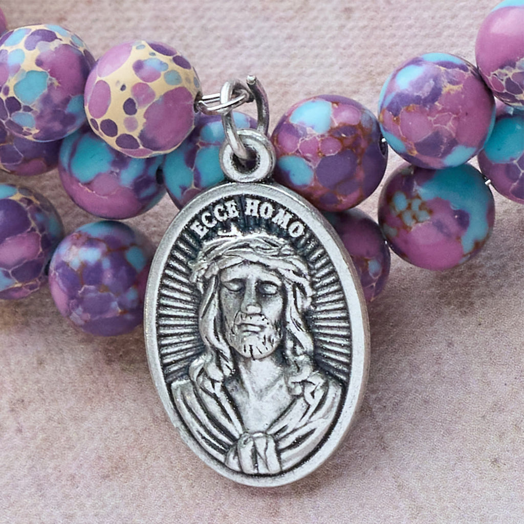 Pulsera Rosario de Alambre con Memoria de Jaspe Imperial Morado con Crucifijo Esmaltado