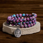 Pulsera Rosario de Alambre con Memoria de Jaspe Imperial Morado con Crucifijo Esmaltado