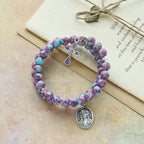 Pulsera Rosario de Alambre con Memoria de Jaspe Imperial Morado con Crucifijo Esmaltado
