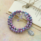 Pulsera Rosario de Alambre con Memoria de Jaspe Imperial Morado con Crucifijo Esmaltado