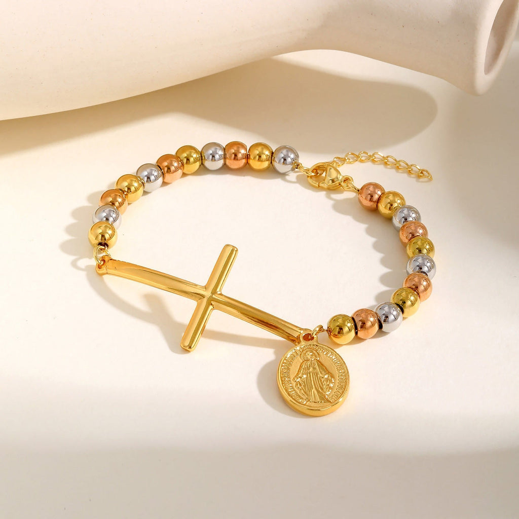 Pulsera de Cuentas con Cruz y la Virgen: Símbolo Espiritual con Elegancia Pulida