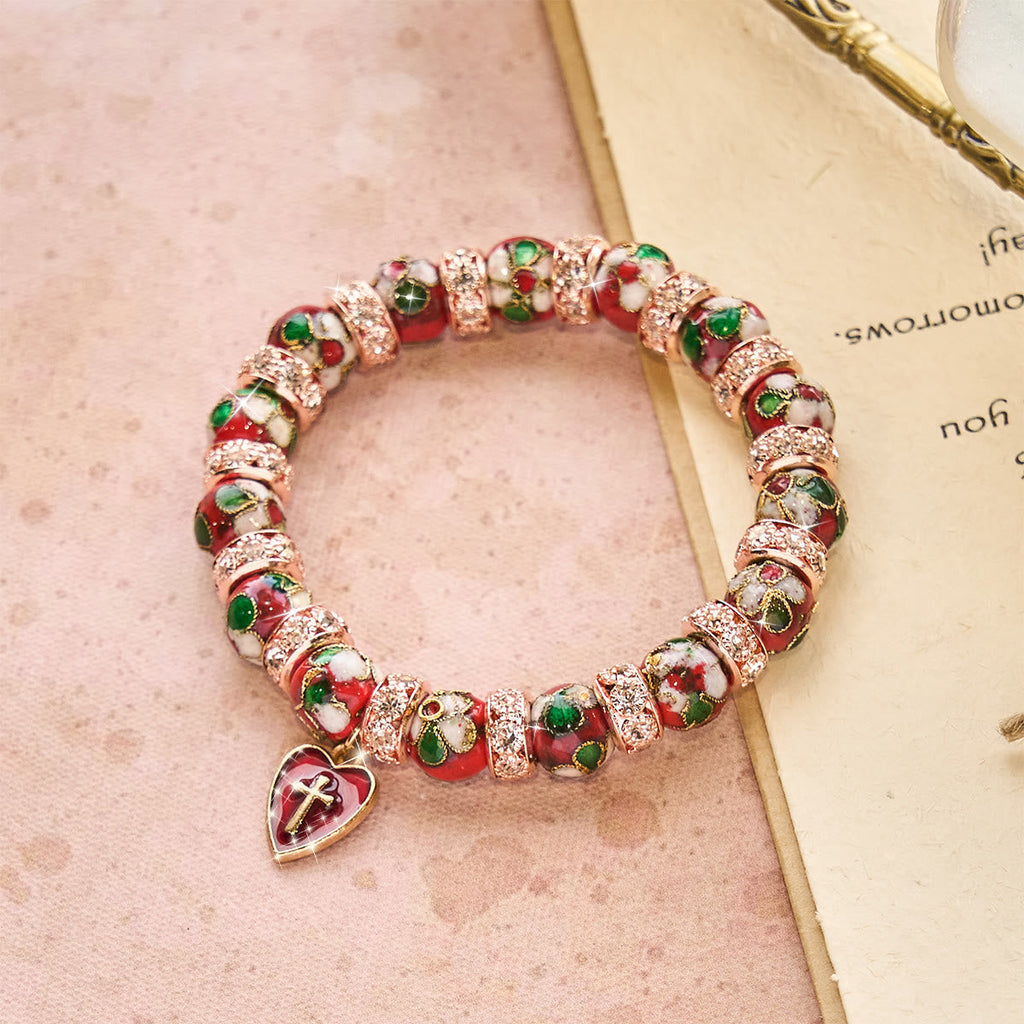 Pulsera de Cuentas Rojas de Esmalte con Dije de Corazón y Cruz