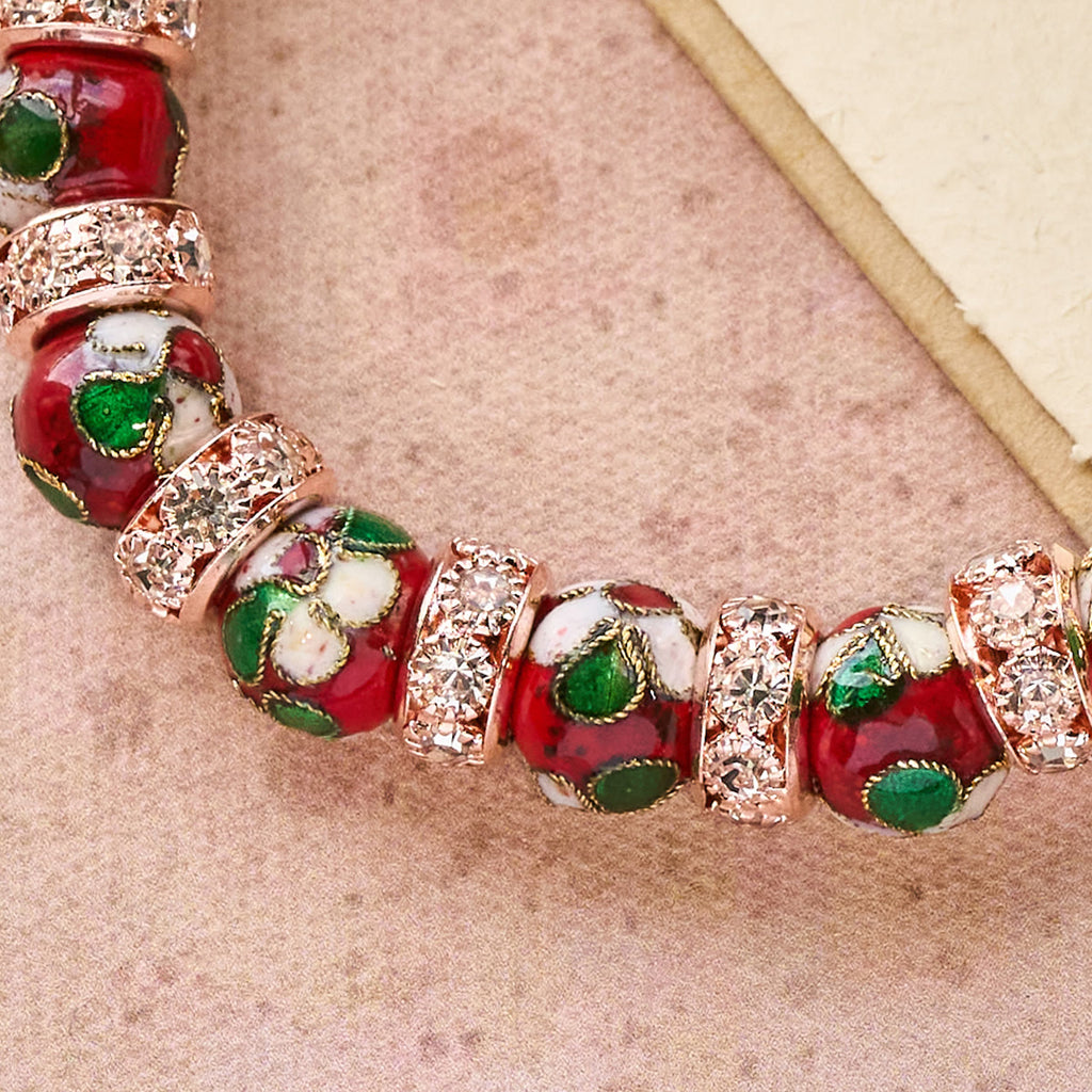 Pulsera de Cuentas Rojas de Esmalte con Dije de Corazón y Cruz