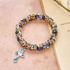 Pulsera Detallada de Cuentas de Cloisonné Azul con Crucifijo