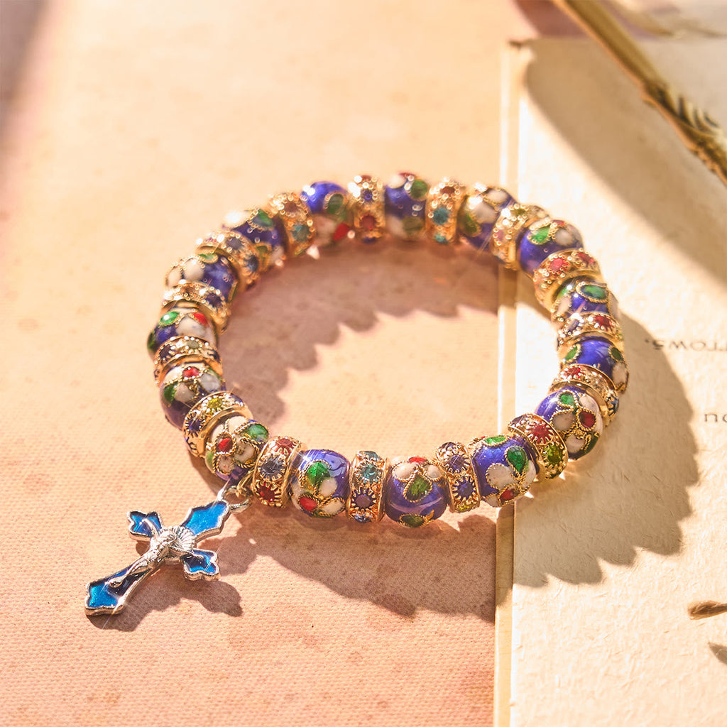 Pulsera Detallada de Cuentas de Cloisonné Azul con Crucifijo